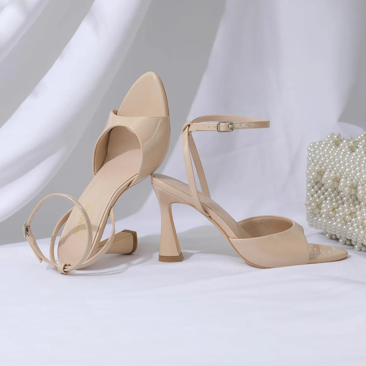 Susanny High Heels for Women Pointed Open Toe Strappy Chunky Block Heels Ankle Strap Stiletto Kitten Heeled Sandals Wedding Bridal Party Prom Sexy Dress Shoes