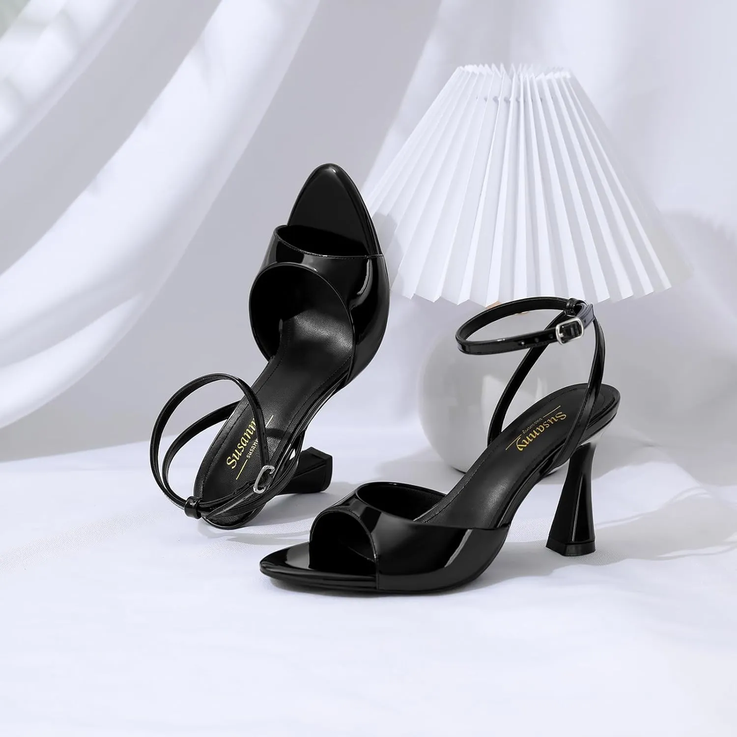 Susanny High Heels for Women Pointed Open Toe Strappy Chunky Block Heels Ankle Strap Stiletto Kitten Heeled Sandals Wedding Bridal Party Prom Sexy Dress Shoes