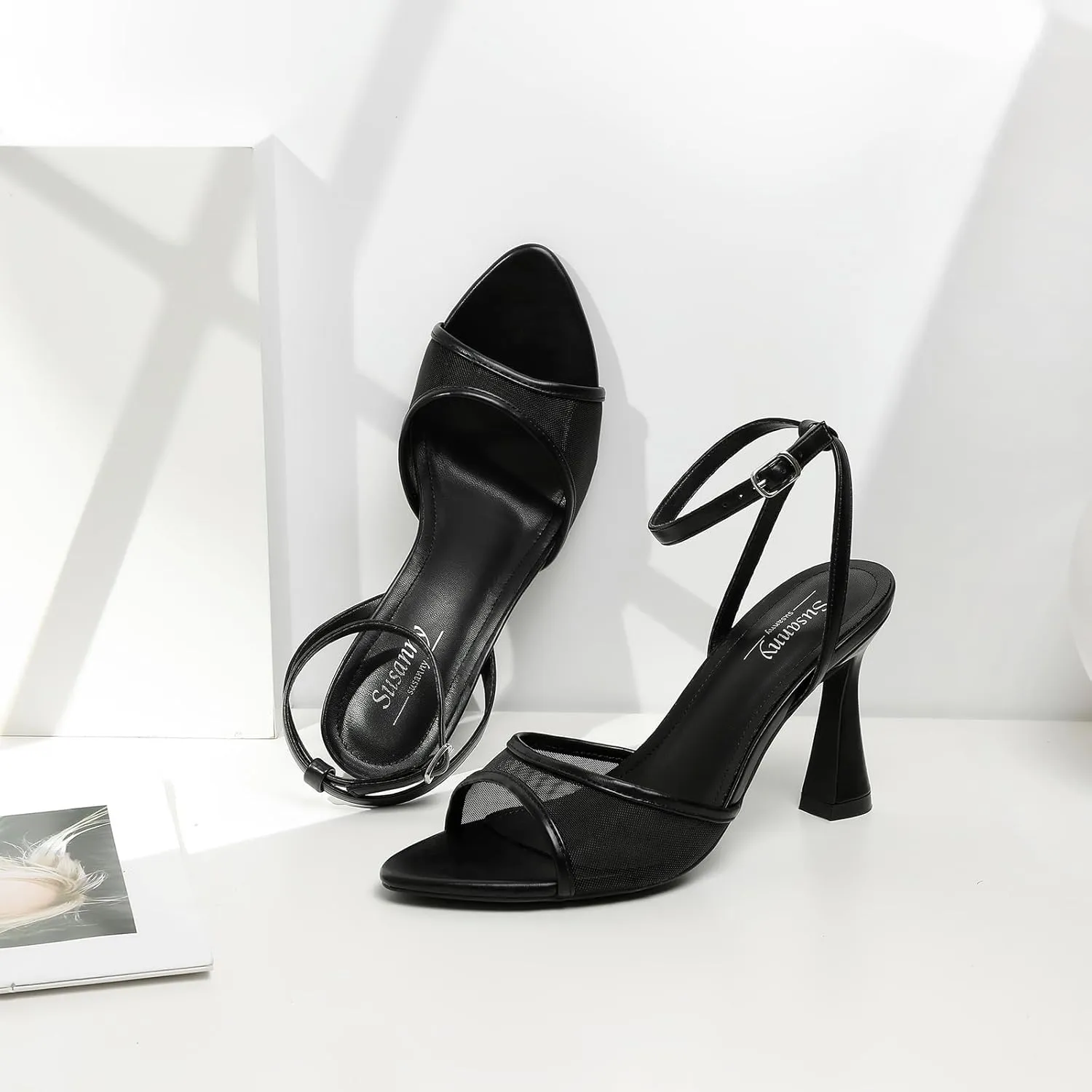 Susanny High Heels for Women Pointed Open Toe Strappy Chunky Block Heels Ankle Strap Stiletto Kitten Heeled Sandals Wedding Bridal Party Prom Sexy Dress Shoes