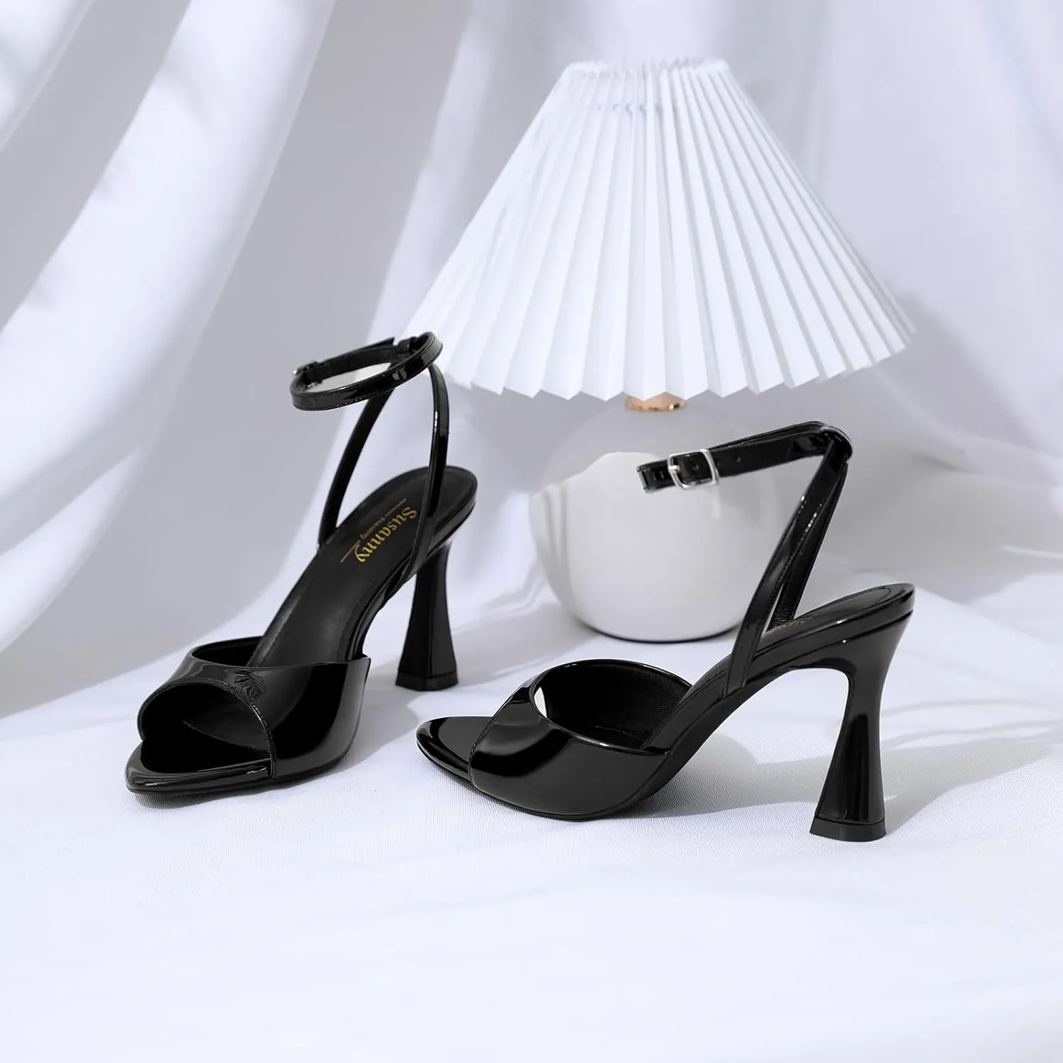 Susanny High Heels for Women Pointed Open Toe Strappy Chunky Block Heels Ankle Strap Stiletto Kitten Heeled Sandals Wedding Bridal Party Prom Sexy Dress Shoes