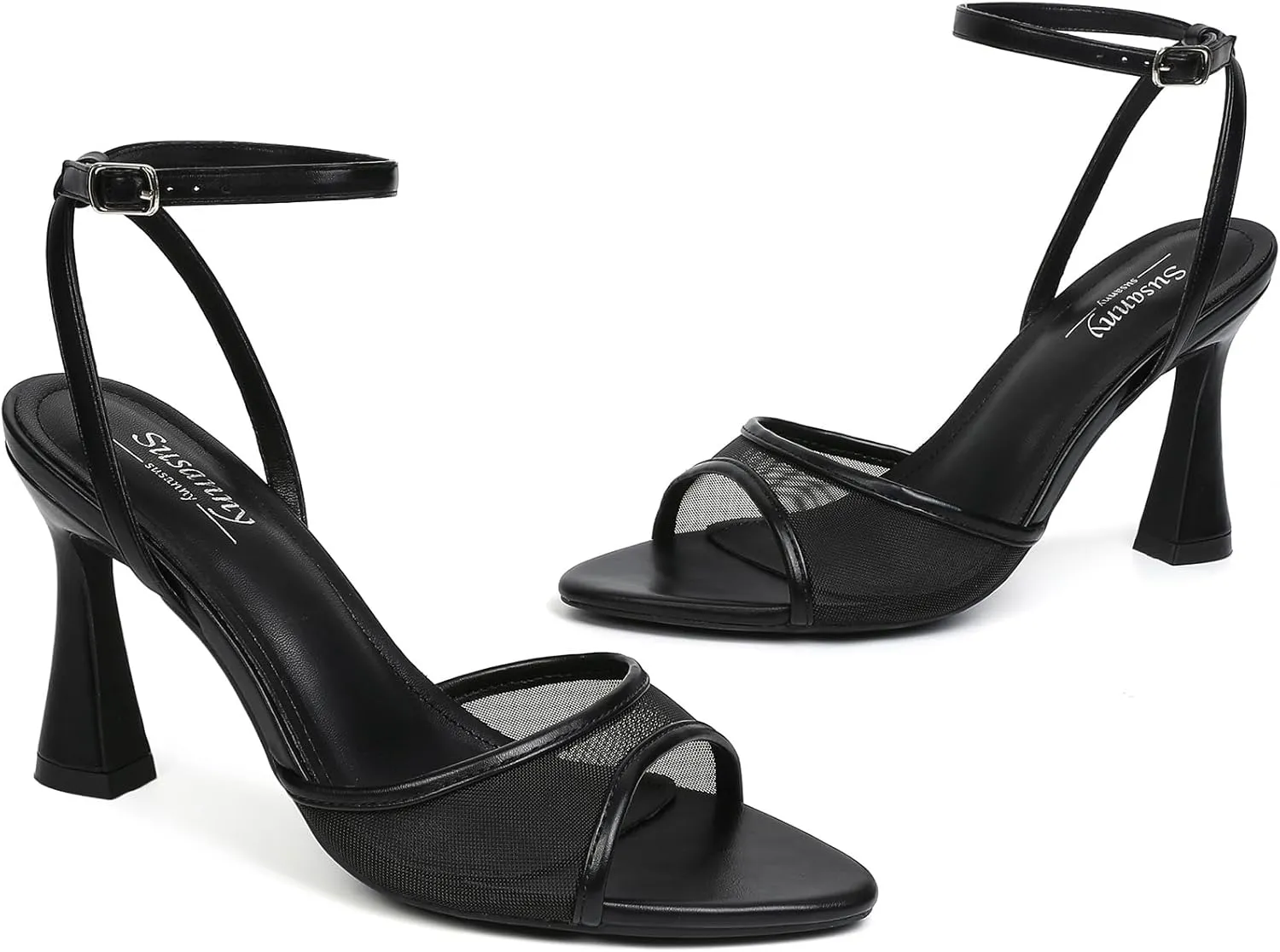 Susanny High Heels for Women Pointed Open Toe Strappy Chunky Block Heels Ankle Strap Stiletto Kitten Heeled Sandals Wedding Bridal Party Prom Sexy Dress Shoes