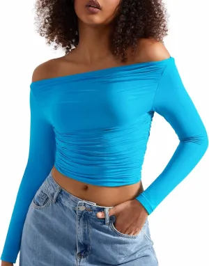 SUUKSESS Women Off Shoulder Long Sleeve Shirts Double Lined Fitted Crop Tops