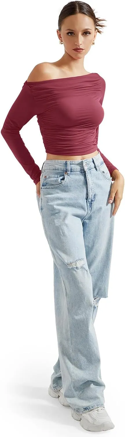 SUUKSESS Women Off Shoulder Long Sleeve Shirts Double Lined Fitted Crop Tops