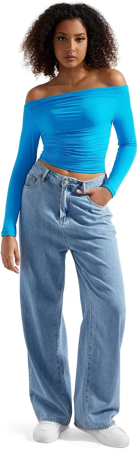 SUUKSESS Women Off Shoulder Long Sleeve Shirts Double Lined Fitted Crop Tops