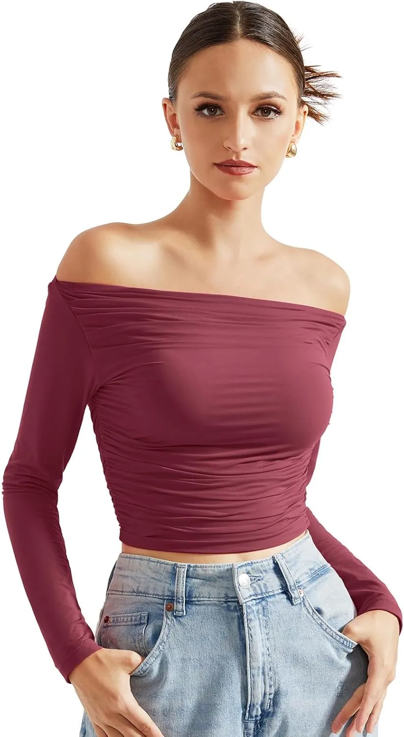 SUUKSESS Women Off Shoulder Long Sleeve Shirts Double Lined Fitted Crop Tops