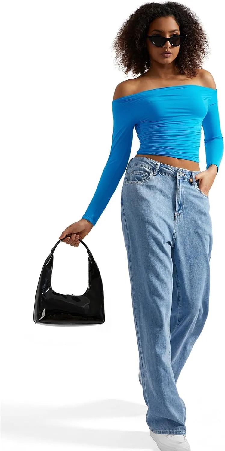 SUUKSESS Women Off Shoulder Long Sleeve Shirts Double Lined Fitted Crop Tops