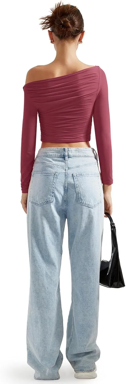SUUKSESS Women Off Shoulder Long Sleeve Shirts Double Lined Fitted Crop Tops