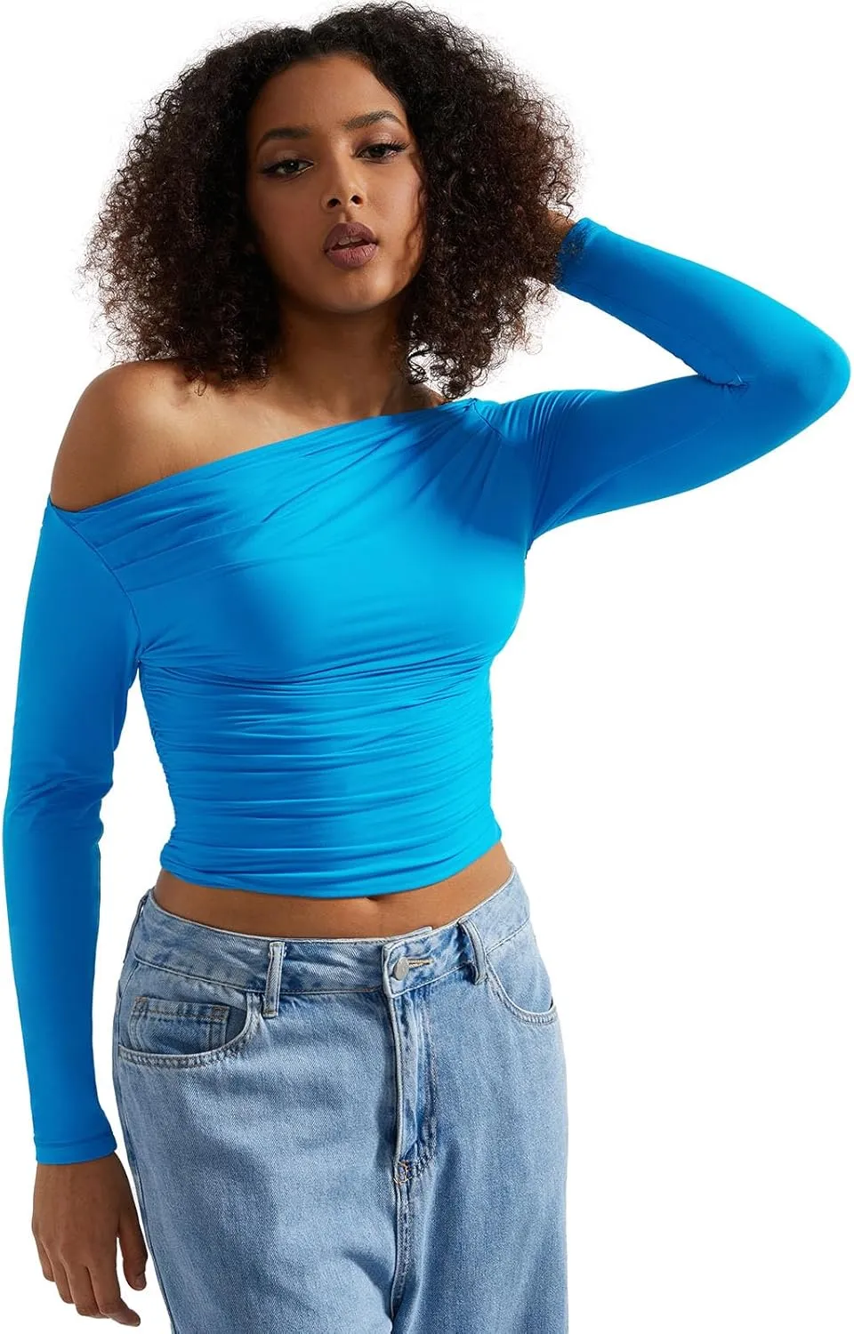 SUUKSESS Women Off Shoulder Long Sleeve Shirts Double Lined Fitted Crop Tops