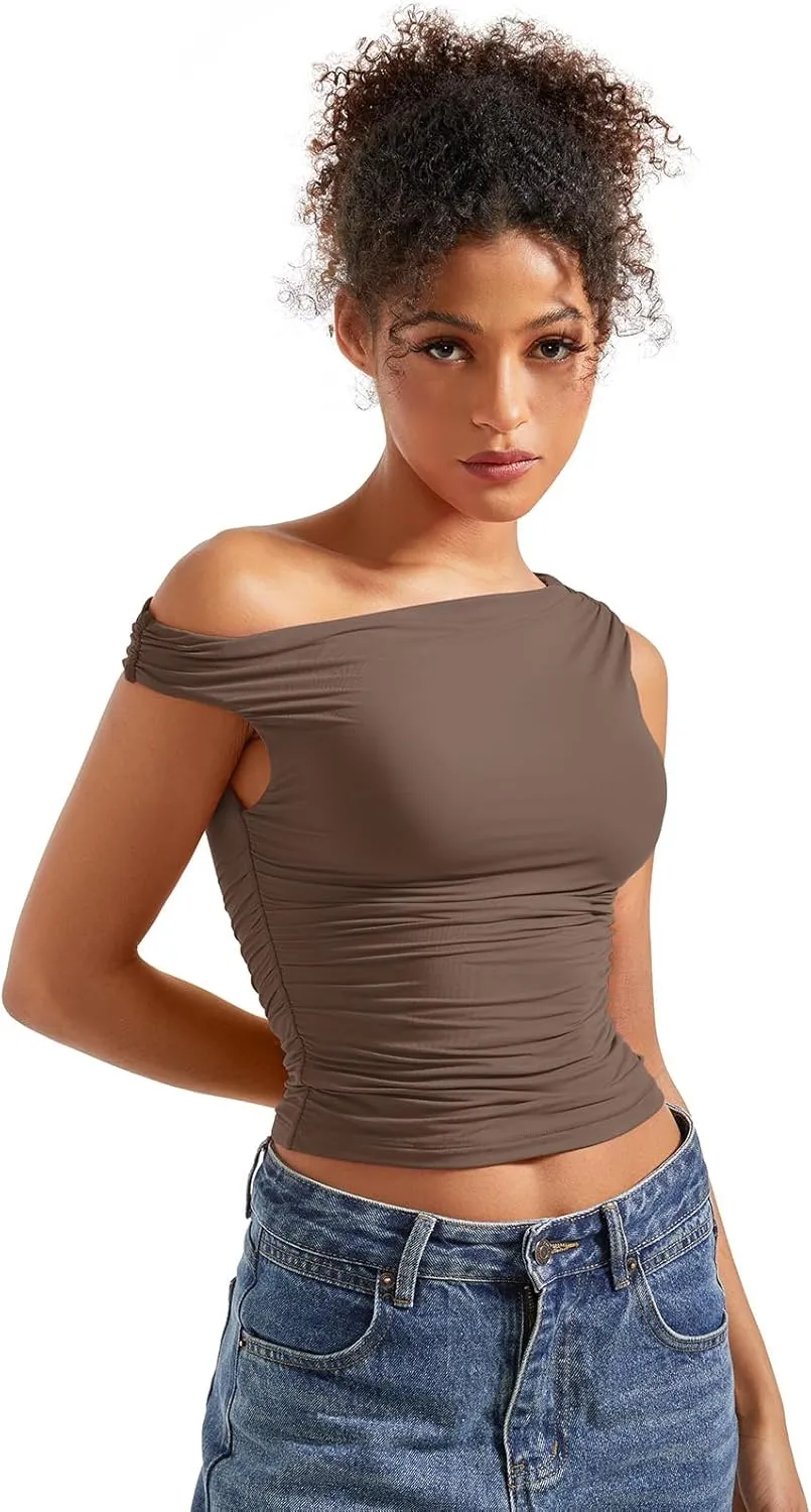 SUUKSESS Women Off Shoulder Tops Sleeveless Shirts Y2K Going Out Crop Tank Top