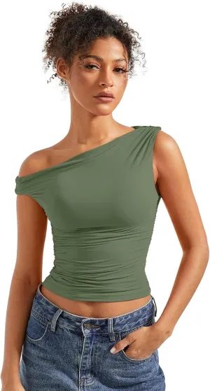SUUKSESS Women Off Shoulder Tops Sleeveless Shirts Y2K Going Out Crop Tank Top