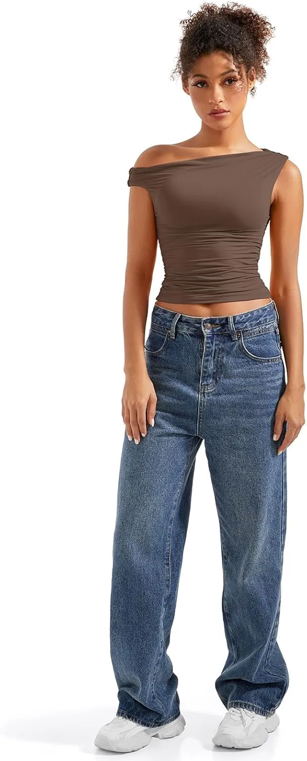 SUUKSESS Women Off Shoulder Tops Sleeveless Shirts Y2K Going Out Crop Tank Top