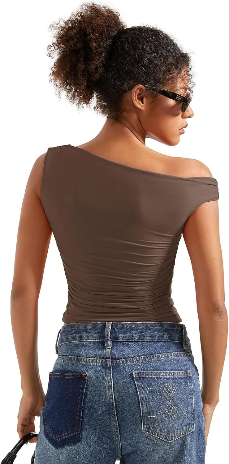 SUUKSESS Women Off Shoulder Tops Sleeveless Shirts Y2K Going Out Crop Tank Top