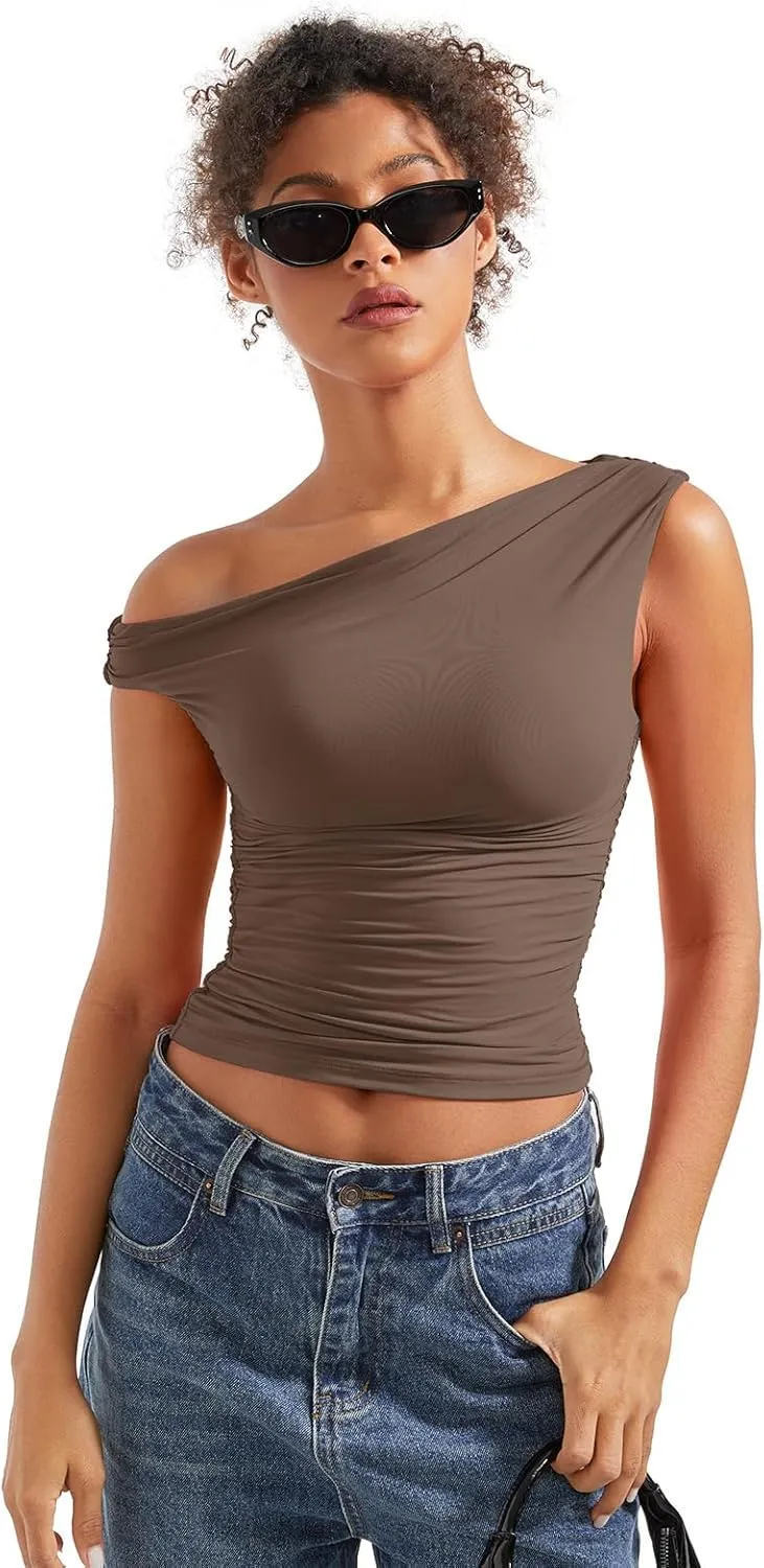 SUUKSESS Women Off Shoulder Tops Sleeveless Shirts Y2K Going Out Crop Tank Top