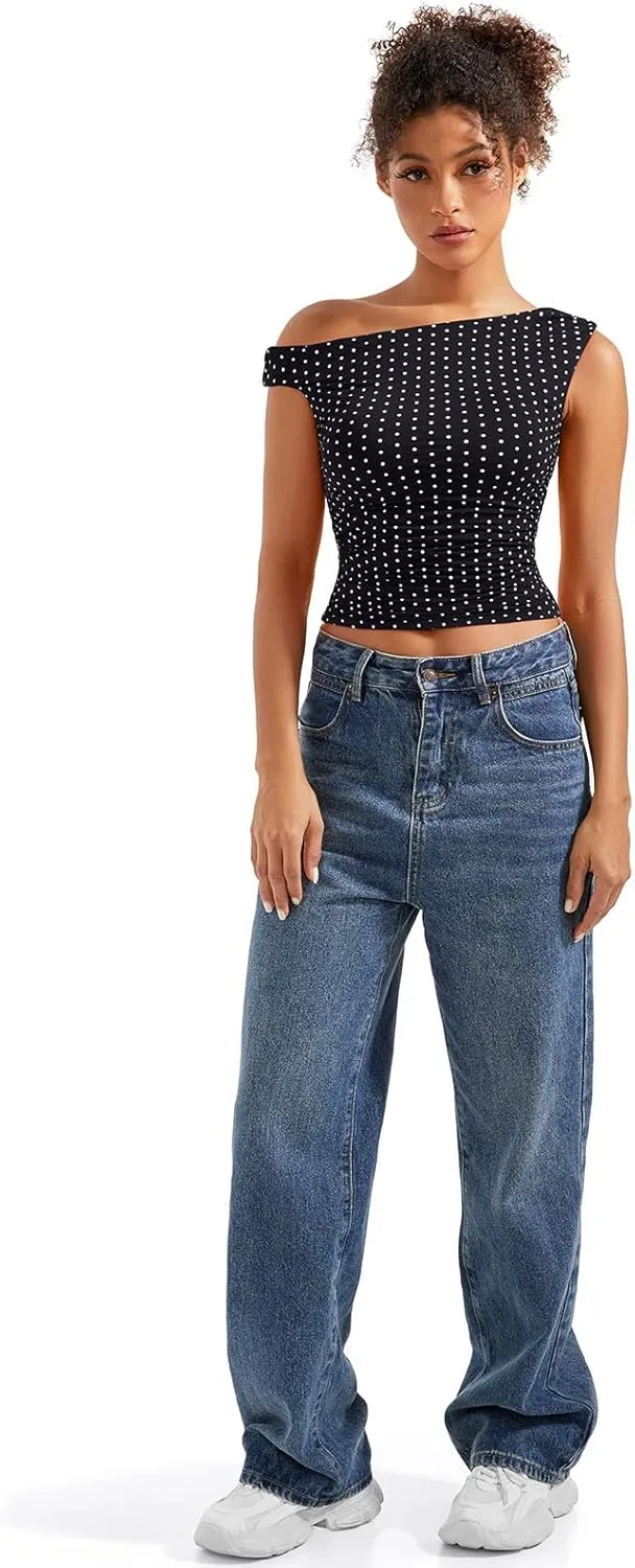 SUUKSESS Women Off Shoulder Tops Sleeveless Shirts Y2K Going Out Crop Tank Top