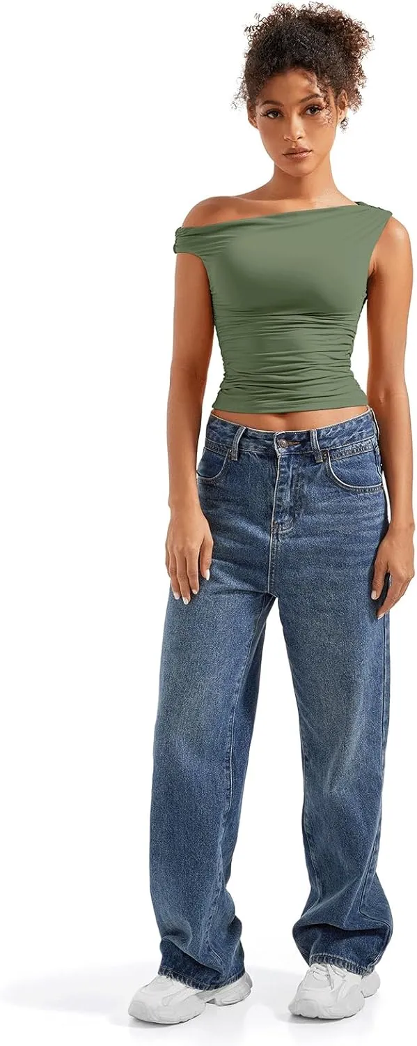SUUKSESS Women Off Shoulder Tops Sleeveless Shirts Y2K Going Out Crop Tank Top