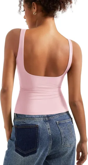 SUUKSESS Women Padded Open Back Boat Neck Tank Tops Double Lined Basic Shirts