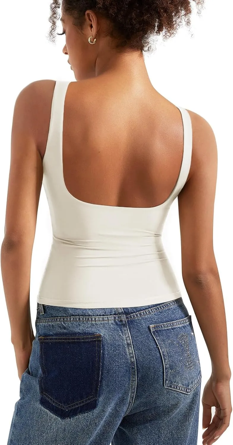 SUUKSESS Women Padded Open Back Boat Neck Tank Tops Double Lined Basic Shirts