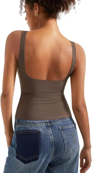 SUUKSESS Women Padded Open Back Boat Neck Tank Tops Double Lined Basic Shirts