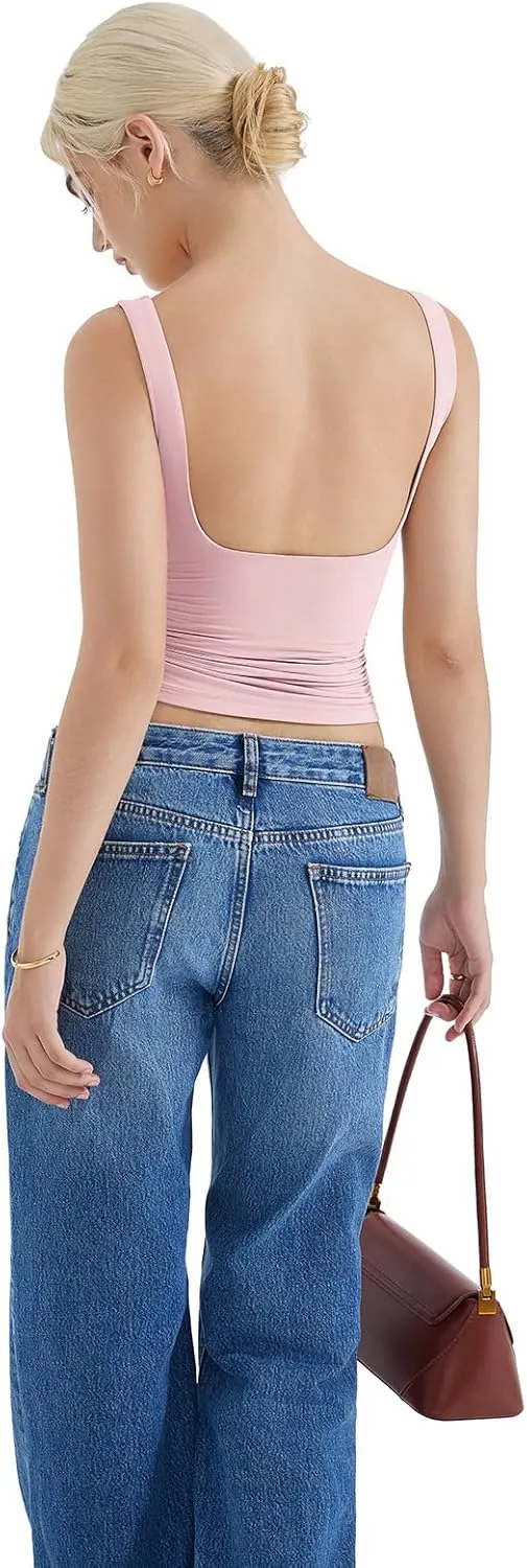 SUUKSESS Women Padded Open Back Boat Neck Tank Tops Double Lined Basic Shirts