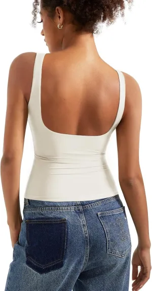 SUUKSESS Women Padded Open Back Boat Neck Tank Tops Double Lined Basic Shirts