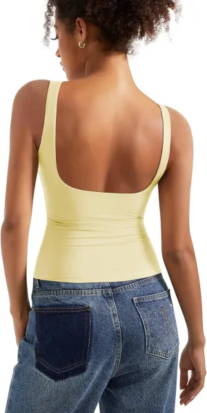 SUUKSESS Women Padded Open Back Boat Neck Tank Tops Double Lined Basic Shirts