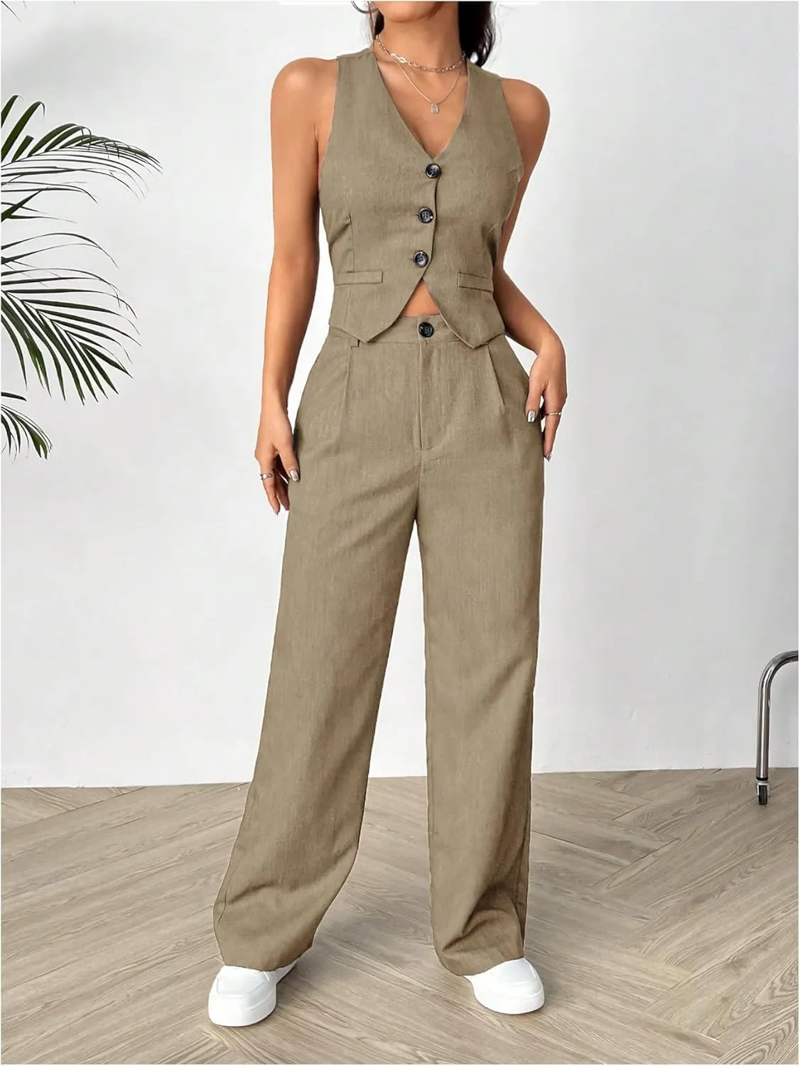 SweatyRocks Women's 2 Piece Solid Sleeveless V Neck Cross Back Button Down Blazer and Pants Business Office Suit Set