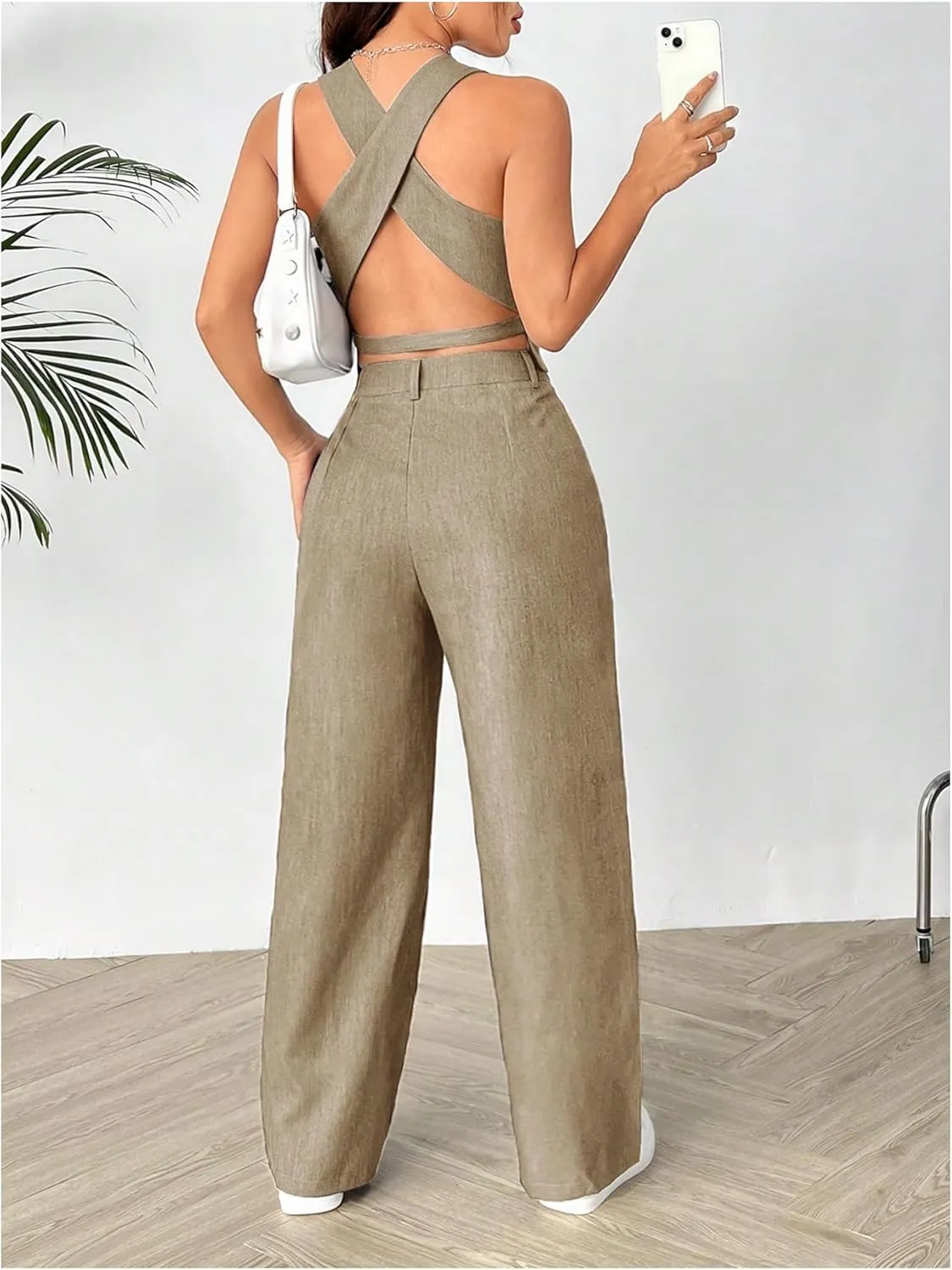 SweatyRocks Women's 2 Piece Solid Sleeveless V Neck Cross Back Button Down Blazer and Pants Business Office Suit Set