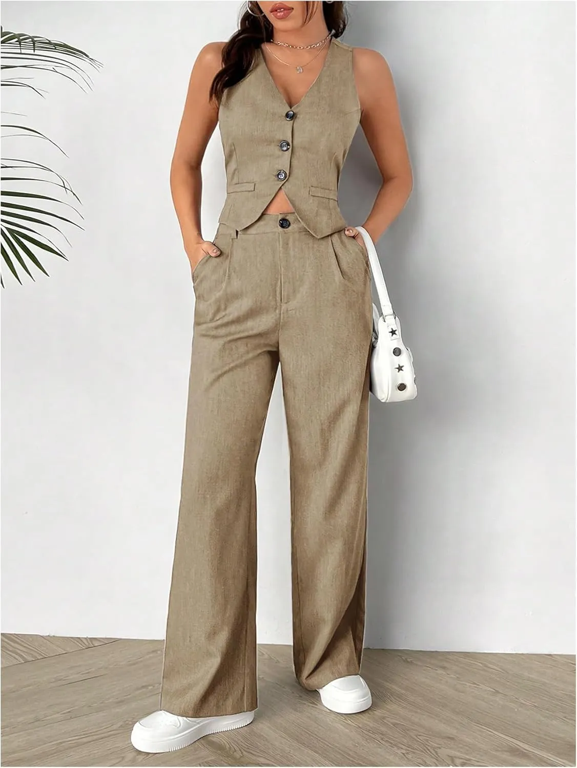 SweatyRocks Women's 2 Piece Solid Sleeveless V Neck Cross Back Button Down Blazer and Pants Business Office Suit Set