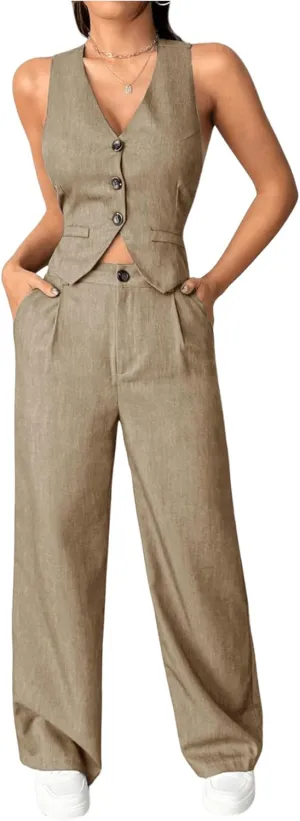 SweatyRocks Women's 2 Piece Solid Sleeveless V Neck Cross Back Button Down Blazer and Pants Business Office Suit Set