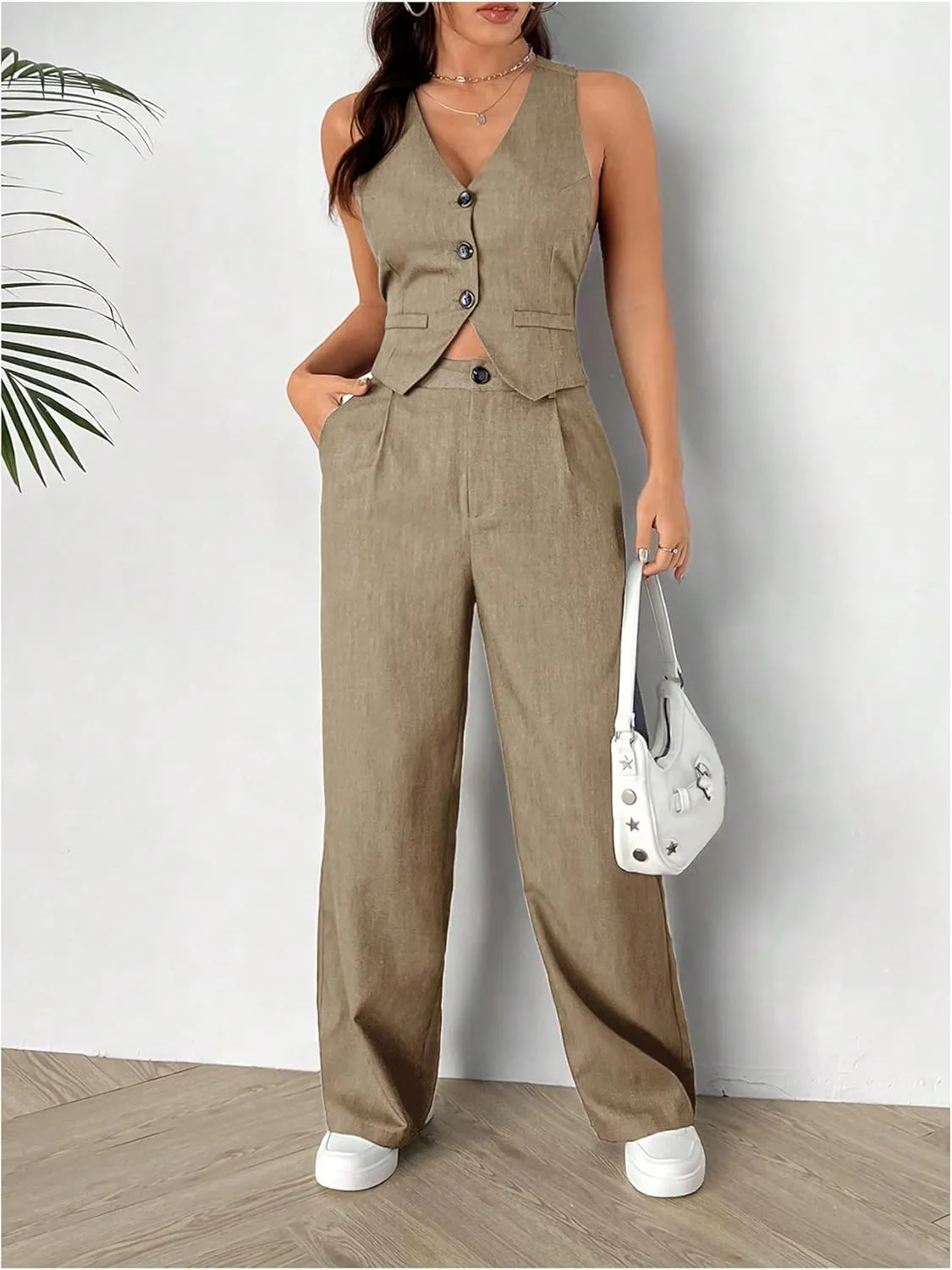 SweatyRocks Women's 2 Piece Solid Sleeveless V Neck Cross Back Button Down Blazer and Pants Business Office Suit Set