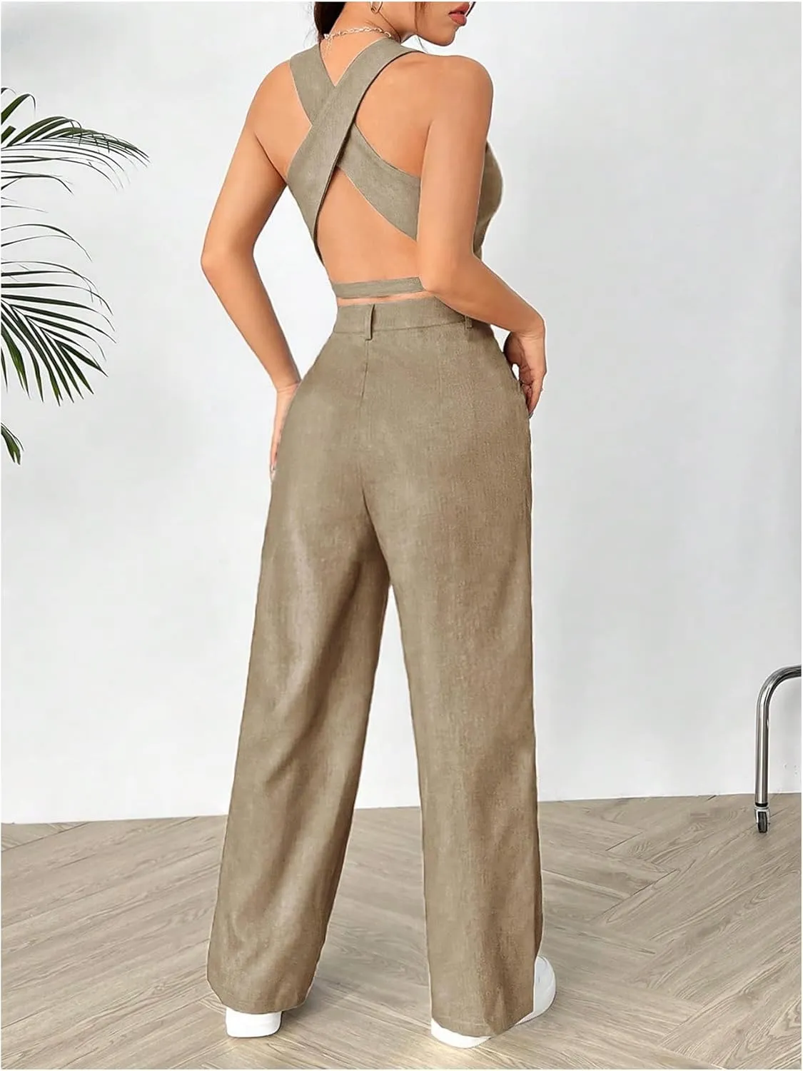 SweatyRocks Women's 2 Piece Solid Sleeveless V Neck Cross Back Button Down Blazer and Pants Business Office Suit Set