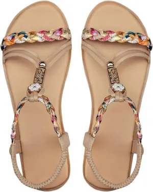 SweatyRocks Women's Flower Braided Flat Sandals Elastic Ankle Strap Vacation Sandals