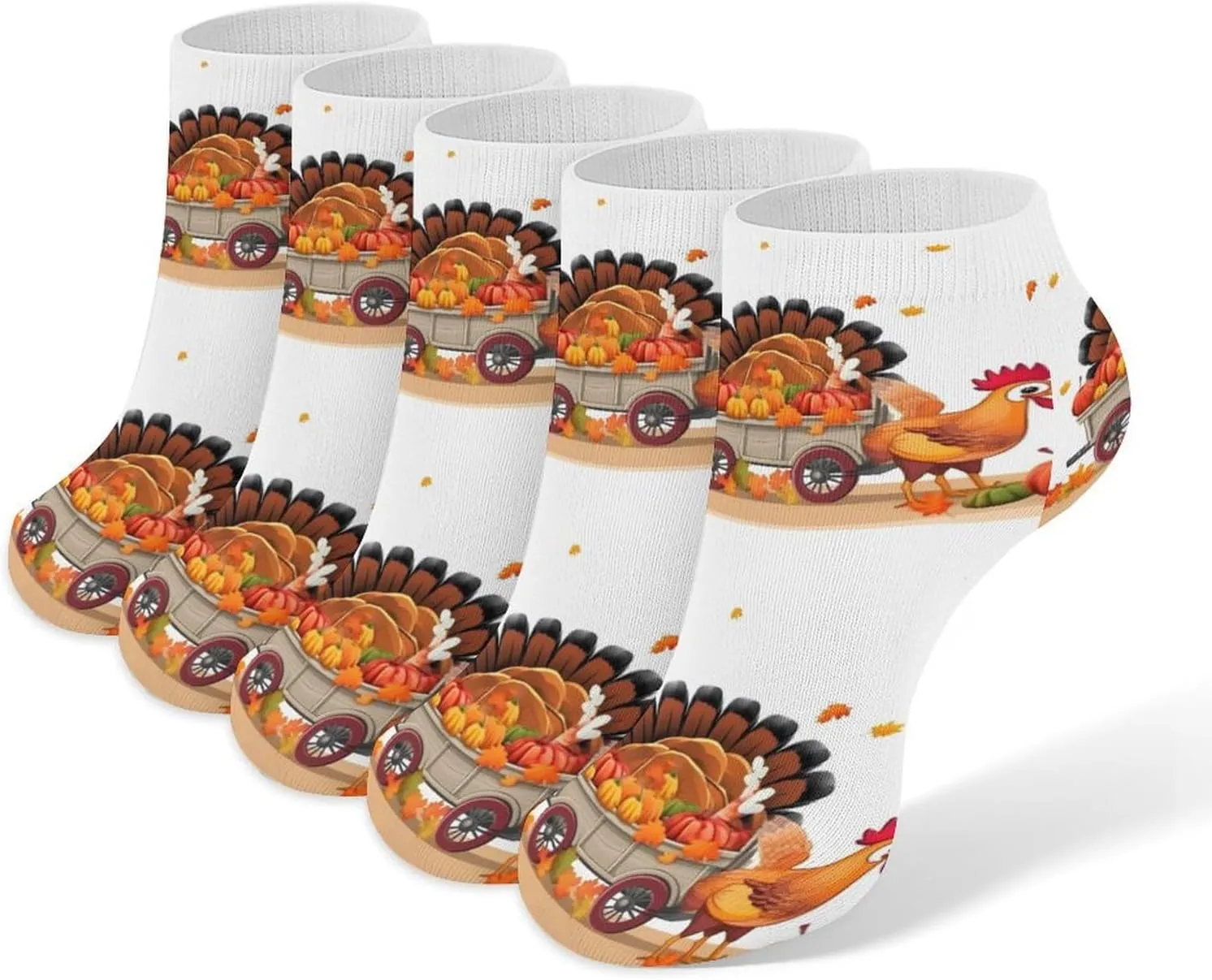 Thanksgiving Turkey Ankle Socks for Men & Women, 5 Pairs Breathable Soft Low Cut Socks, Stretch Sweat Wicking Sox