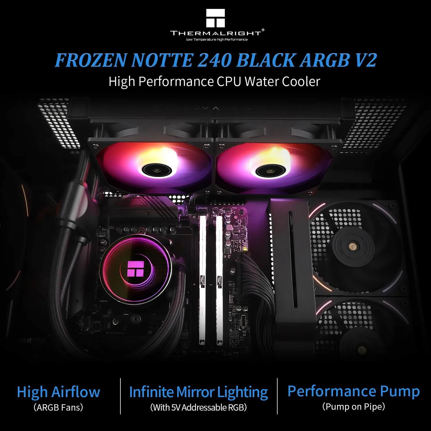 Thermalright Frozen Notte 240 Black ARGB V2 Water Cooling CPU Cooler, 240 Black CPU Cooler Specifications, Double PWM Fans, S-FDB Bearings, Suitable for AMD/AM4 AM5,Intel LGA 1700/1150/1151/1200/2011