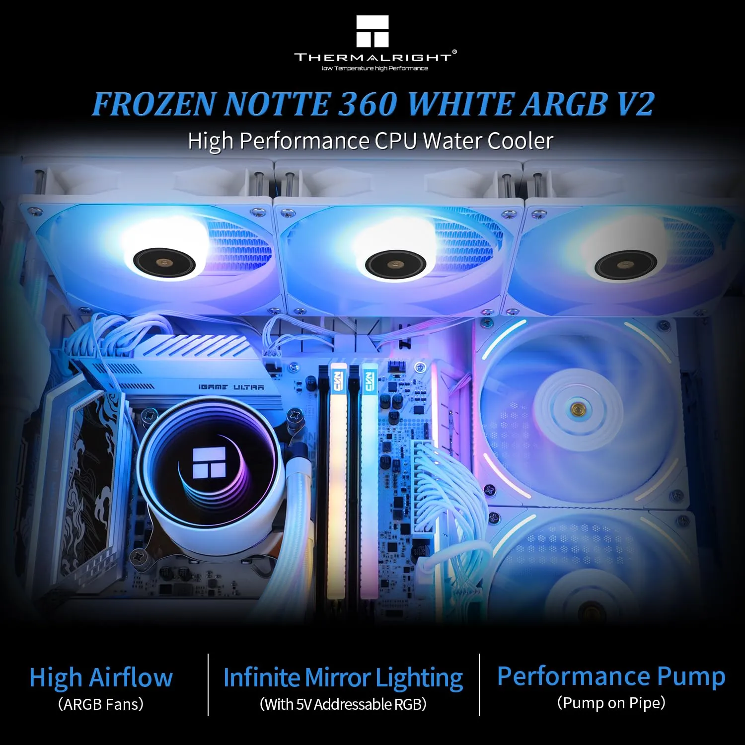 Thermalright Frozen Notte 360 White ARGB V2 Water Cooling CPU Cooler, 360 Specification CPU Liquid Cooler,3 PWM Fans, S-FDB Bearings, Suitable for AMD:AM4/AM5, Intel LGA 1851/1700/115X/1200/2011