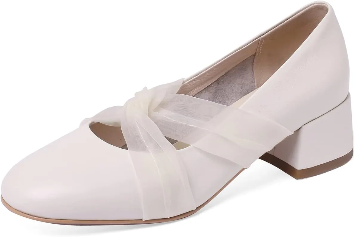 TinaCus Genuine Leather Women's Handmade Chunky Heel Round Toe Pumps Shoes