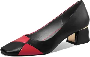 TinaCus Genuine Leather Women's Square Toe Handmade Comfortable Low Chunky Heel Slip On Assorted Color Pump Shoes