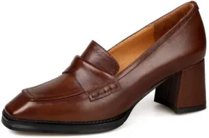TinaCus Women's Genuine Leather Handmade Slip On Square Toe Mid Heel Retro Loafers Pumps Shoes