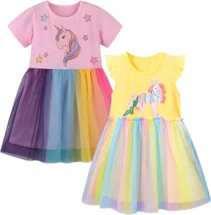Toddler Little Girls Casual Dresses 2-Pack Cotton Short Sleeve Crew Neck Graphic Cartoon Dress for 3-7 Years Pinkwhite