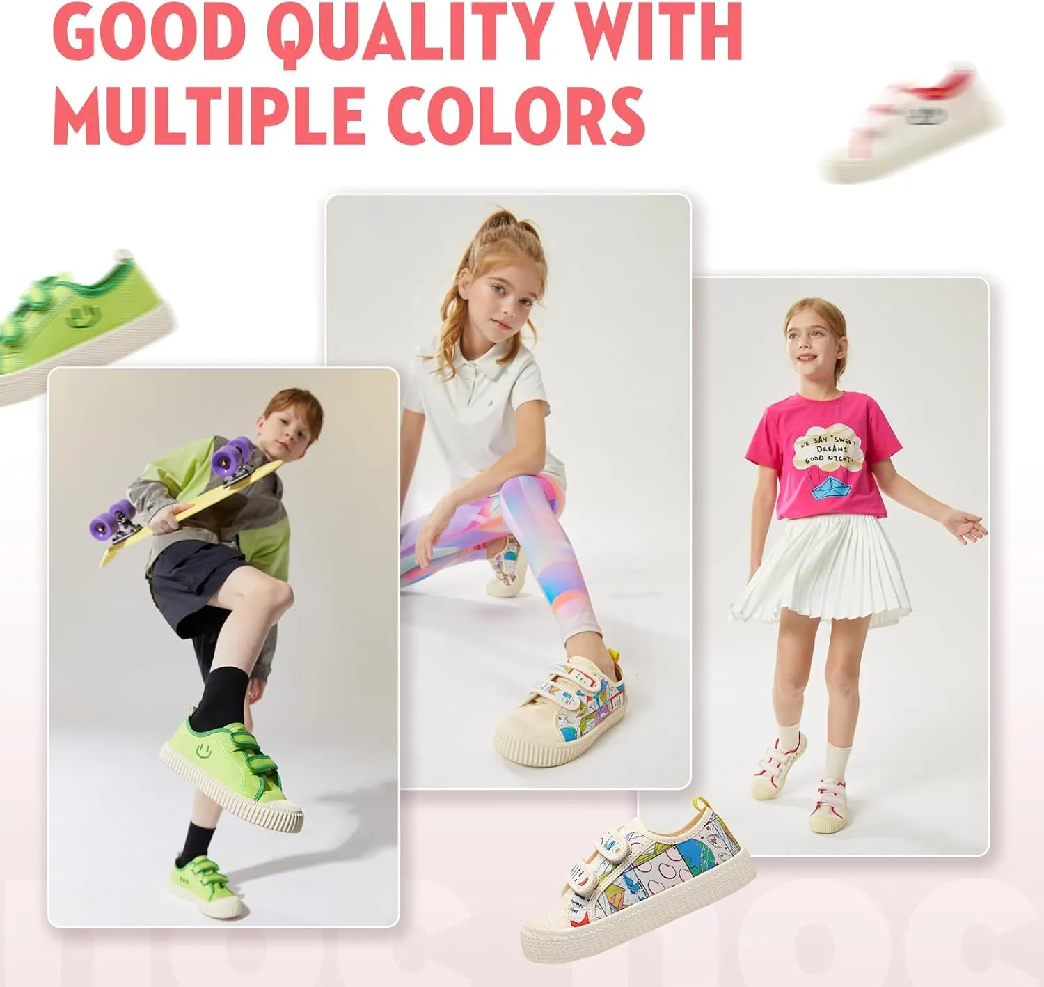 Toddler Shoes for Boys & Girls, Canvas Dual Hook and Loops Sneakers with Candy-Colored Sole