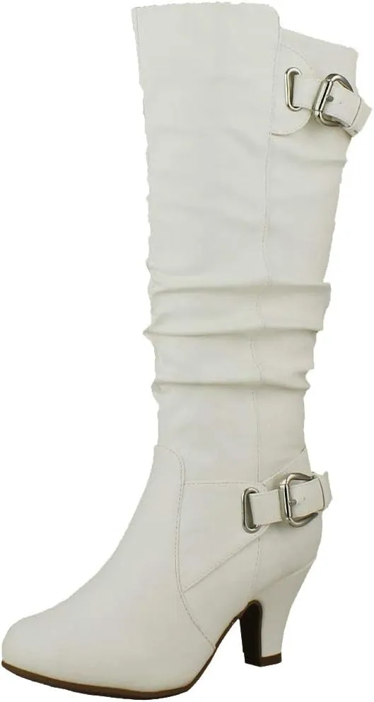 TOP Moda BAG-55 Women's Knee High Buckle Slouched Kitten Heel Boots