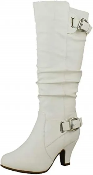 TOP Moda BAG-55 Women's Knee High Buckle Slouched Kitten Heel Boots