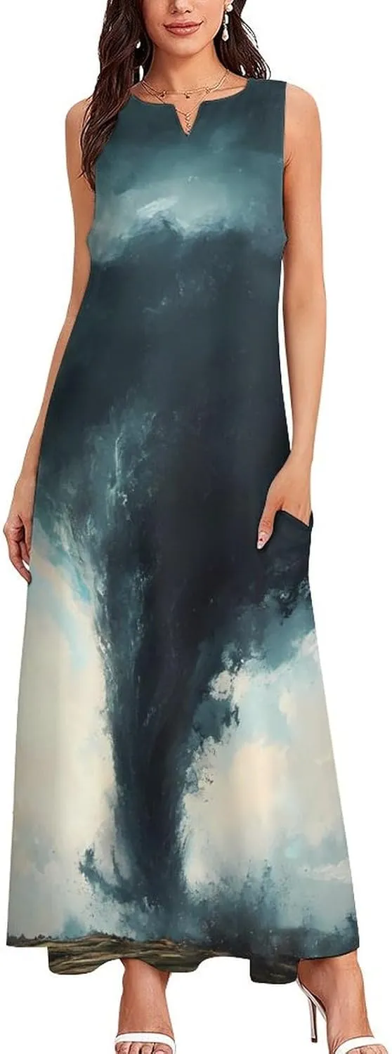 Tornado Thunderstorms Women's Casual Maxi Dress Sleeveless Summer Beach Long Sundress