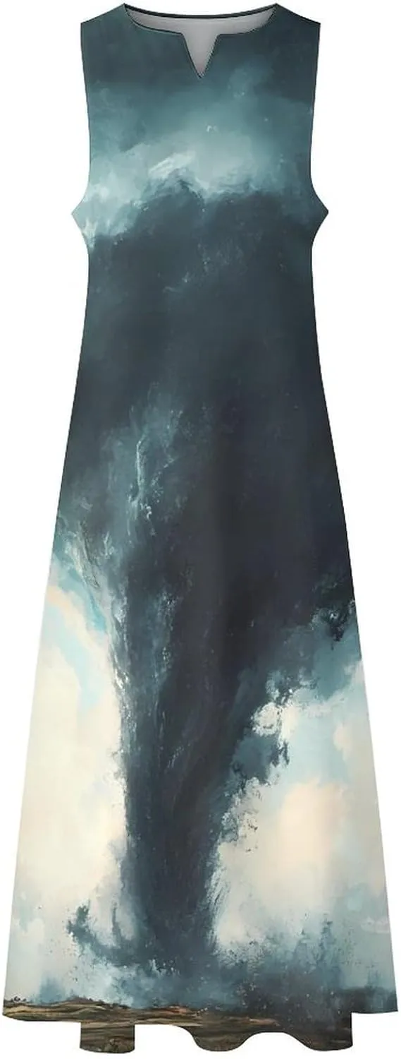 Tornado Thunderstorms Women's Casual Maxi Dress Sleeveless Summer Beach Long Sundress