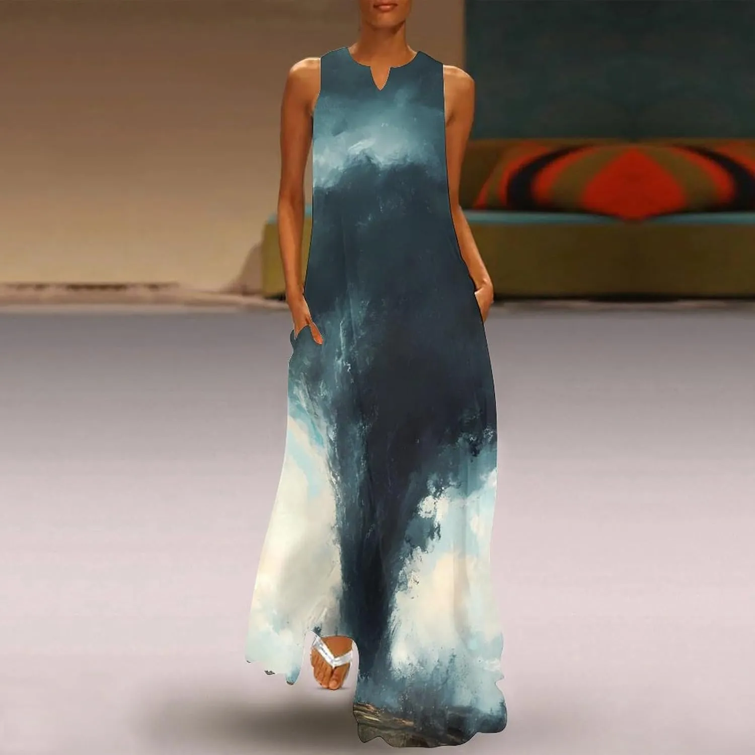 Tornado Thunderstorms Women's Casual Maxi Dress Sleeveless Summer Beach Long Sundress