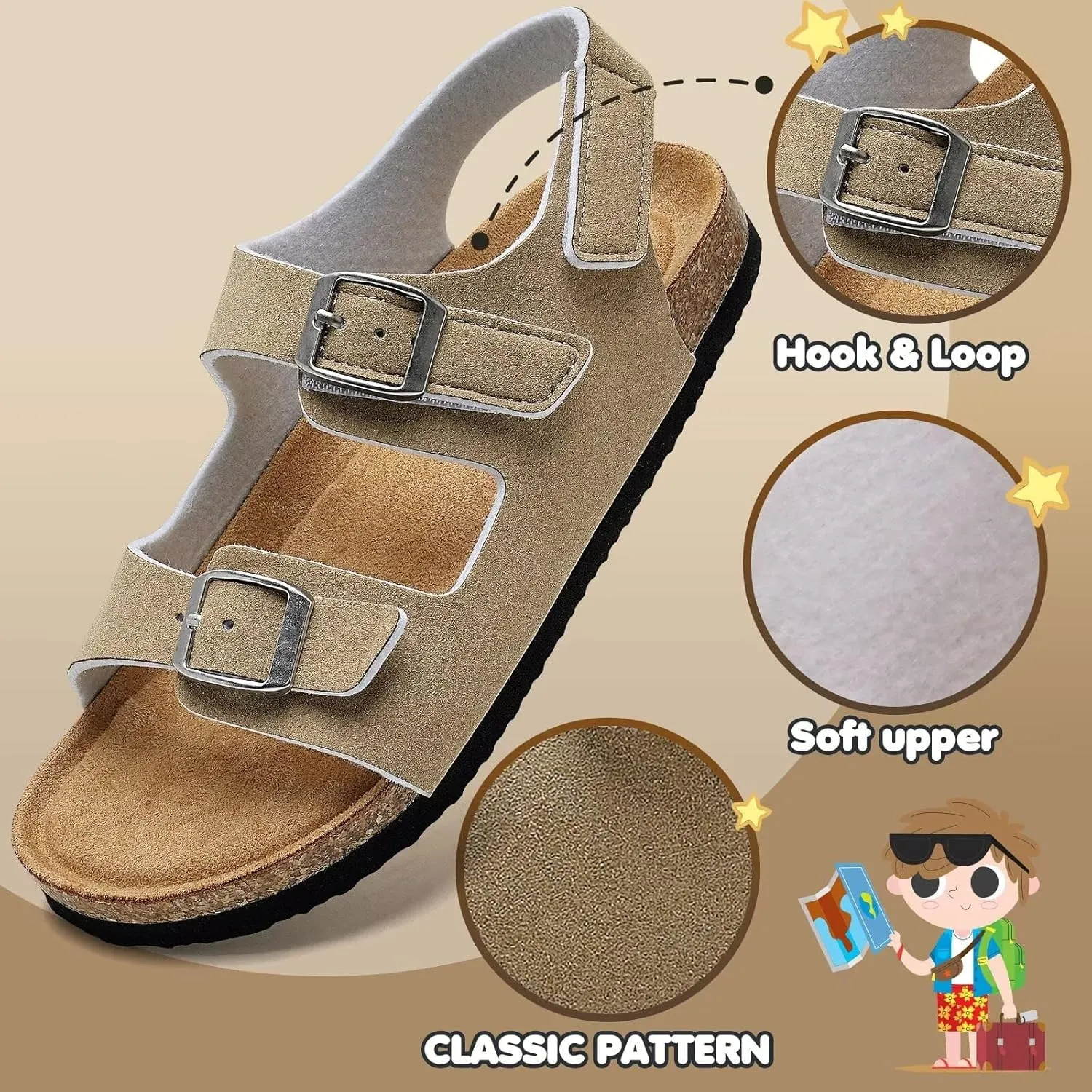 Torotto Toddler Kids Sandals Boys Girls Cork Footbed Sandals with Adjustable Buckle Casual Slides Open Toes Flat