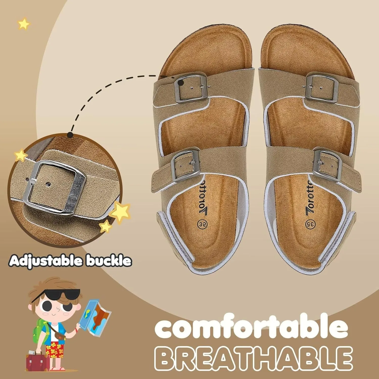 Torotto Toddler Kids Sandals Boys Girls Cork Footbed Sandals with Adjustable Buckle Casual Slides Open Toes Flat