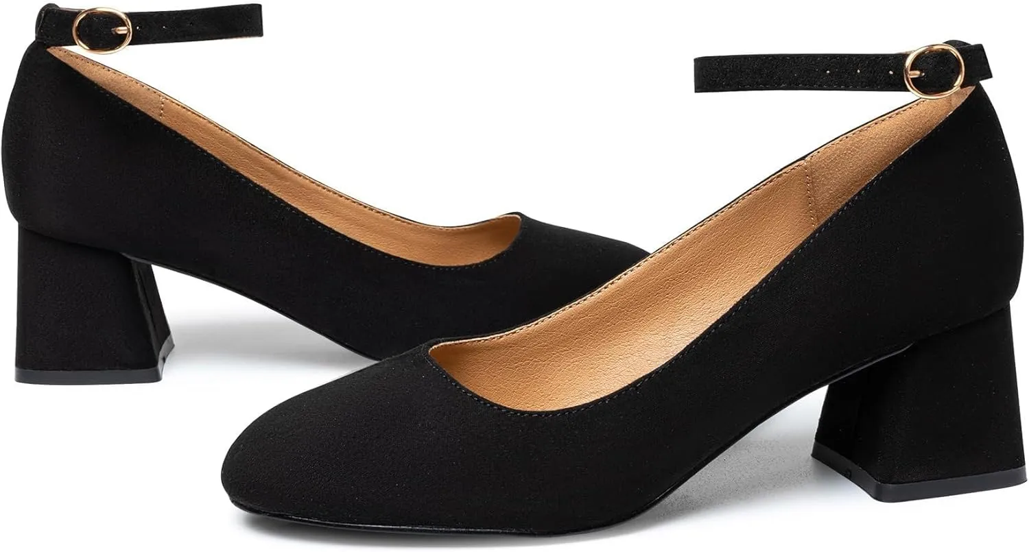 Trary Women's Chunky Low Heels Closed Round Toe Block Heels Mary Jane Shoes Adjustable Ankle Strap Pumps Comfortable Loafers Casual Dress Wedding Work Heels for Women