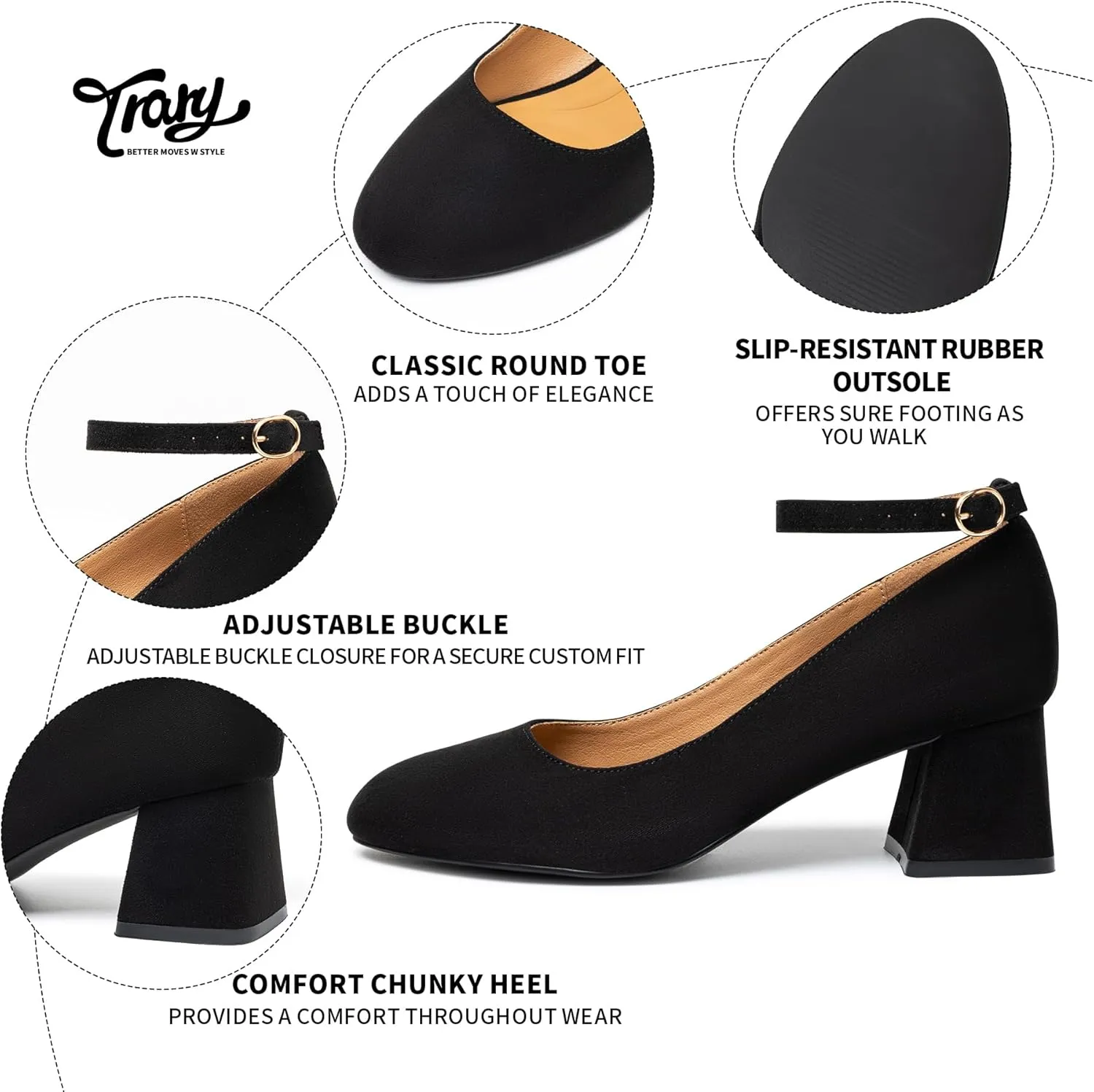 Trary Women's Chunky Low Heels Closed Round Toe Block Heels Mary Jane Shoes Adjustable Ankle Strap Pumps Comfortable Loafers Casual Dress Wedding Work Heels for Women