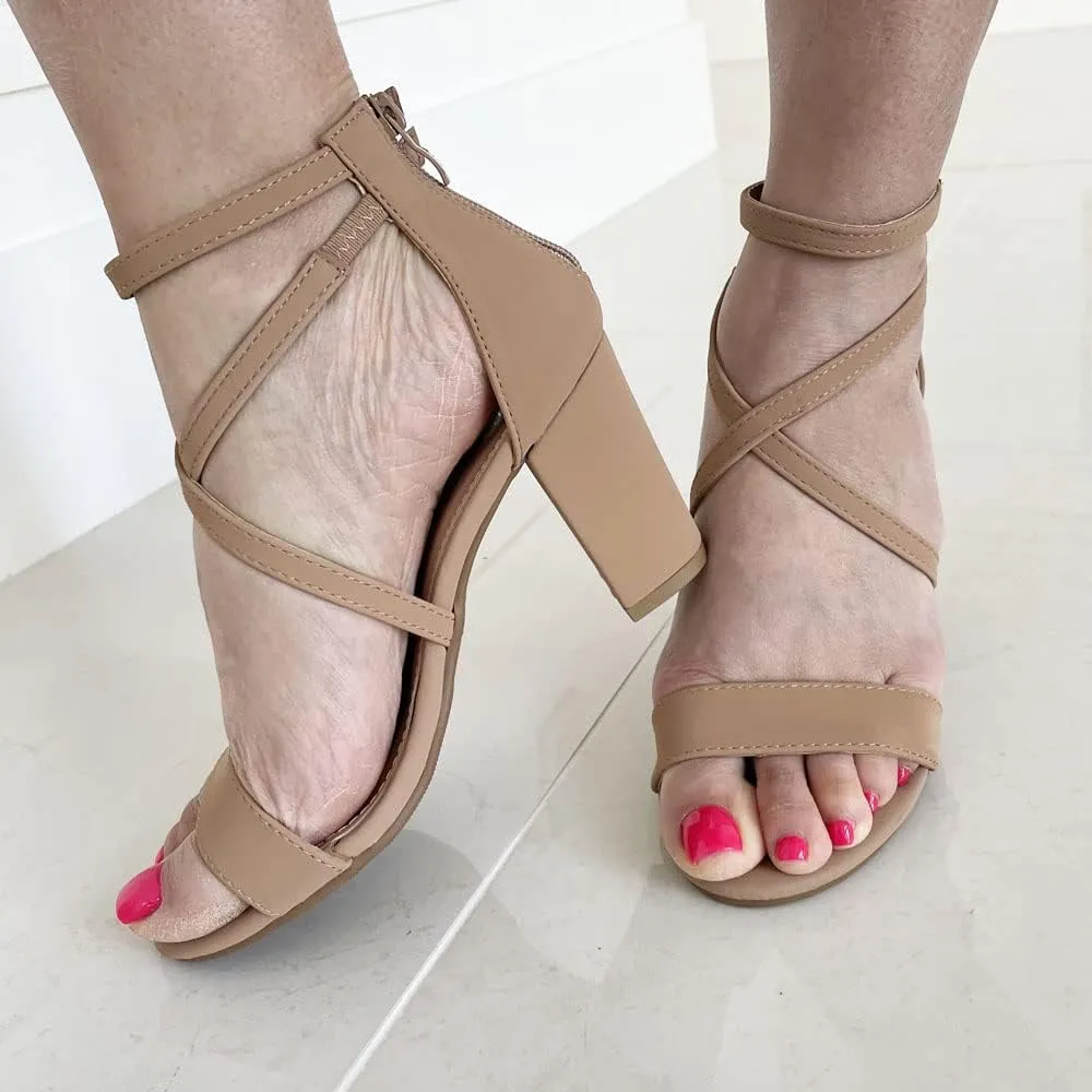 TRENDSUP Women's Open Toe Ankle Strap High Chunky Heel Sandals